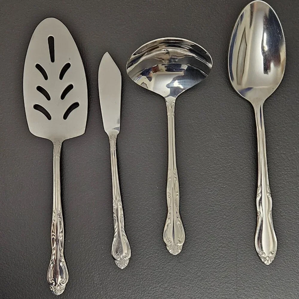 4 Stainless Serving Pcs: 3 National Korea - 1 Simeon I. & George H. Rogers Co.